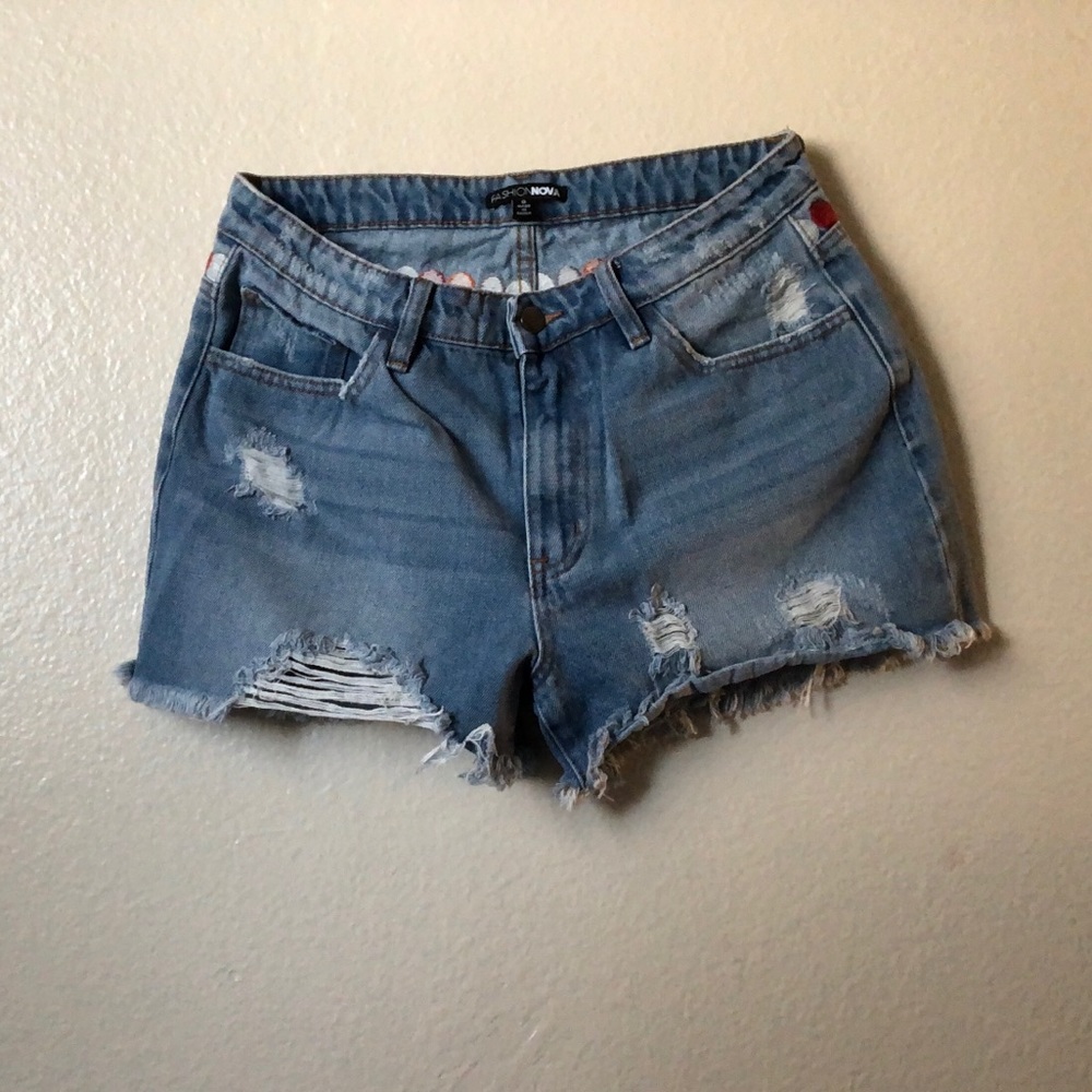 Light blue wash shorts.